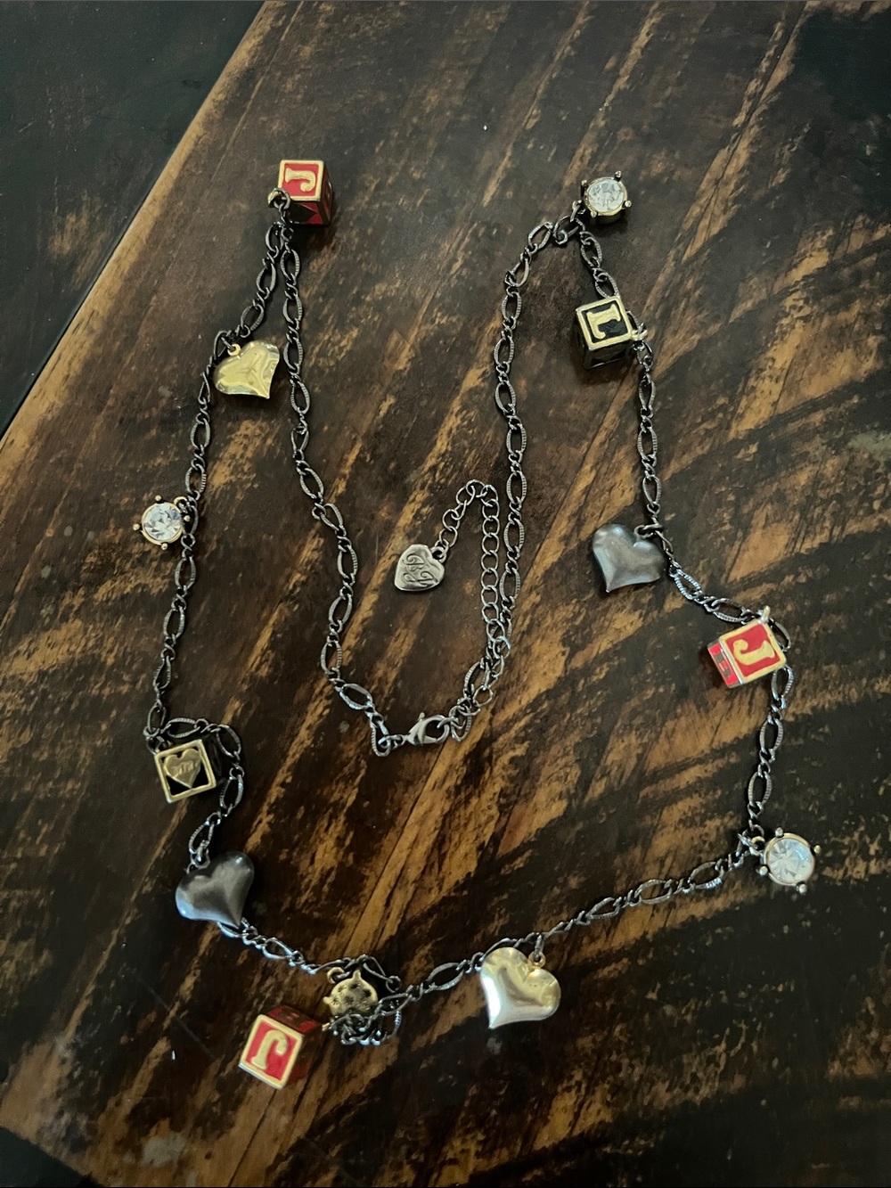Betsey Johnson Gunmetal Chain Necklace with Gold and Red Block Charms